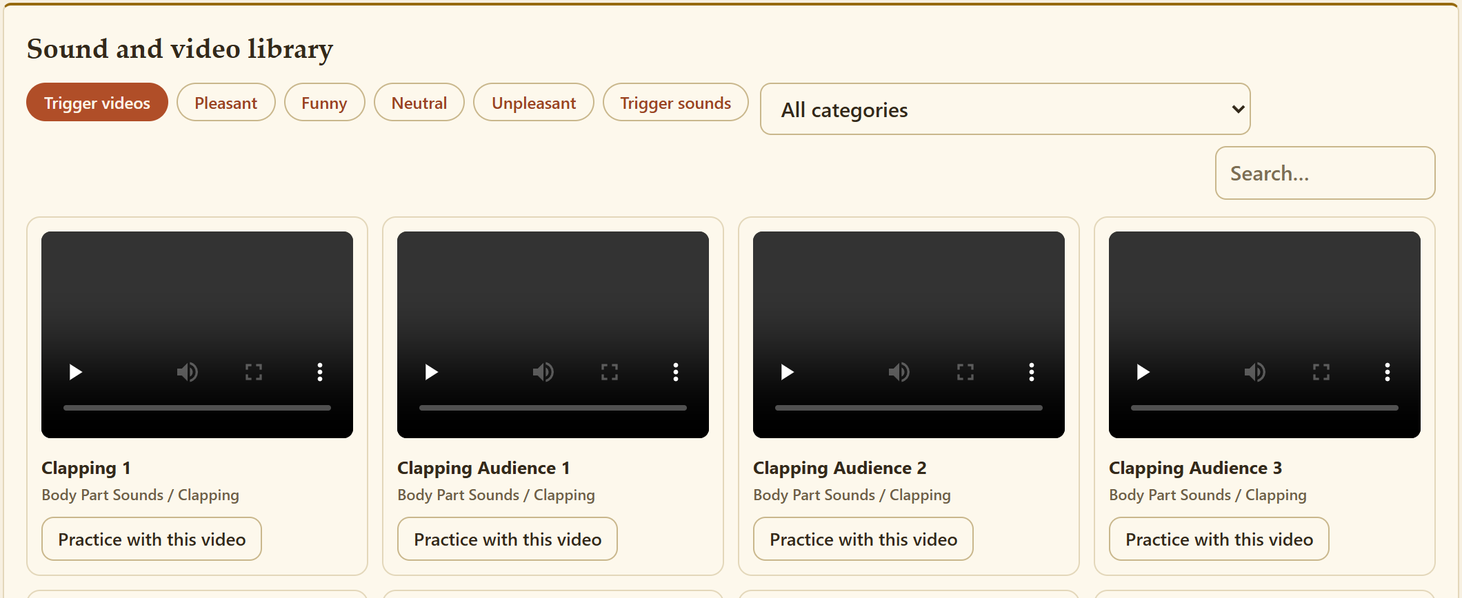 The Library with its category menu, search box and video cards
