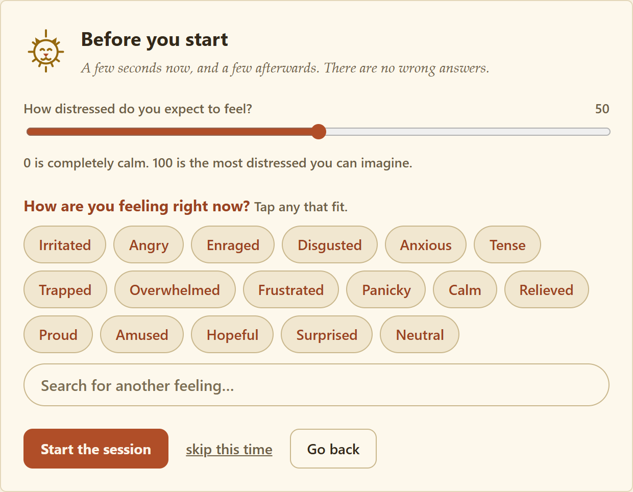 The check-in screen, with a slider and a row of feelings