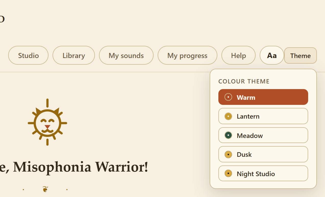 The Aa and Theme buttons at the top right, with the Theme menu open
